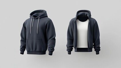 A navy blue hooded sweatshirt mockup with a white undershirt, displayed from two angles against a white background.