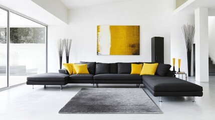 A minimalist living room featuring white walls, a dark gray sectional sofa, and bright lemon yellow throw pillows