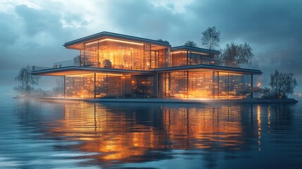 Modern glass house reflecting on water at dusk.