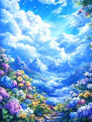 Fototapeta premium A vibrant landscape featuring colorful flowers, mountains, and a bright blue sky.