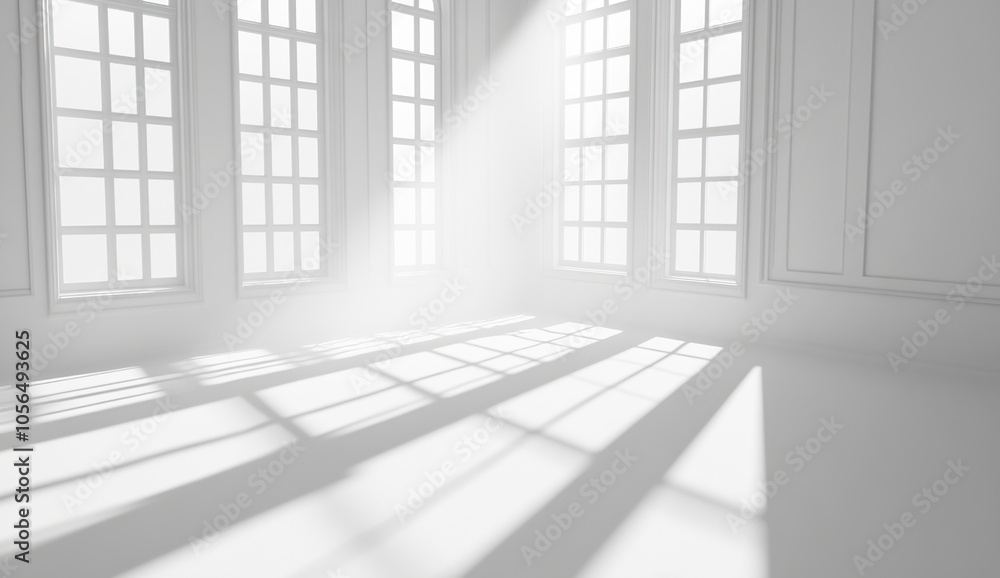 Poster empty white room with large windows and sunlight streaming in.