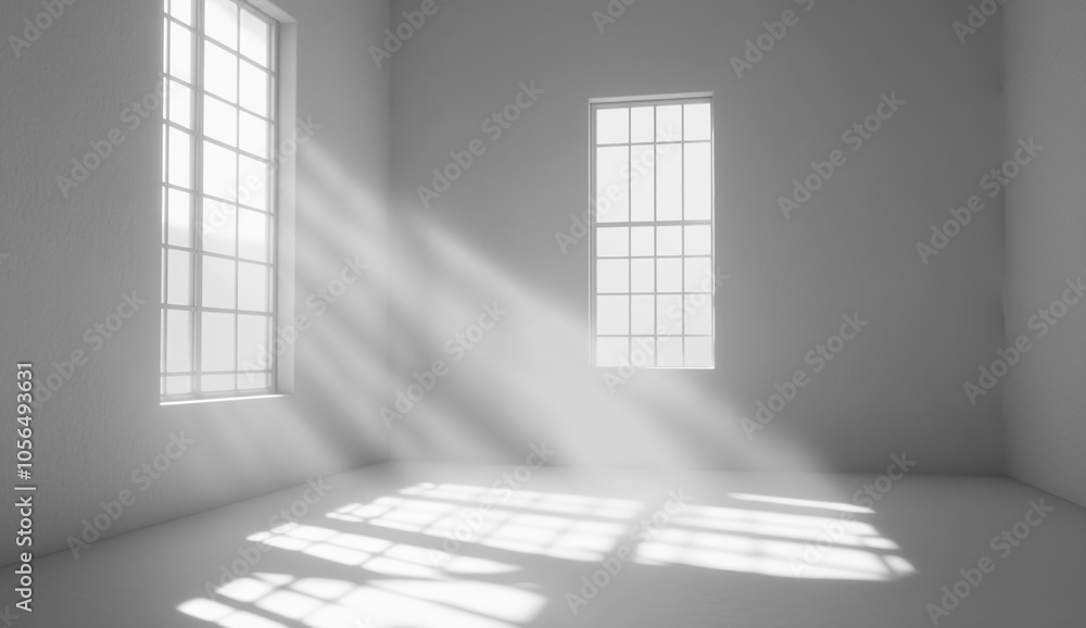 Poster sunlight streams through two large windows in a minimalist white room, casting long shadows across t
