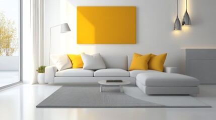 A minimalist living room featuring white walls, a soft gray sectional sofa, and bold mustard yellow throw pillows
