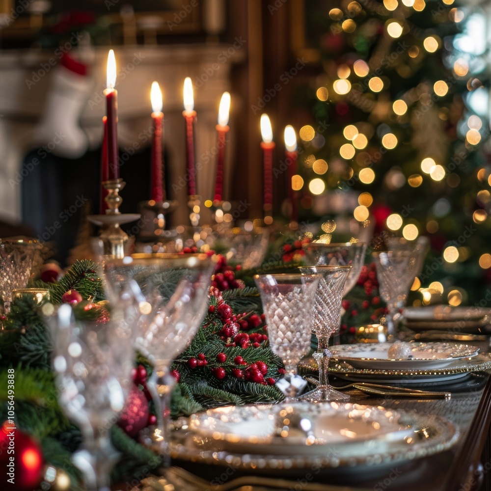 Poster a table with a christmas tree in the background and a lit candle in the middle. the table is set wit