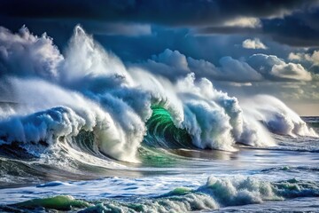 Fototapeta premium Stormy ocean waves crashing on the shore, ocean surge, wave patterns, stormy seascape, stormy weather
