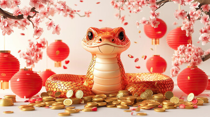 Snakes weaving through clouds, red lanterns, Chinese New Year