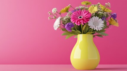 A cheerful bouquet of multicolored flowers in a bright yellow vase, set against a pink background for a lively and artistic touch.