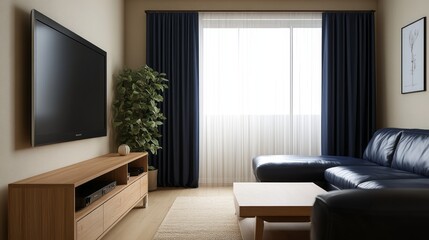 A minimalist living room with beige walls, a navy blue leather sofa, and a wooden TV stand