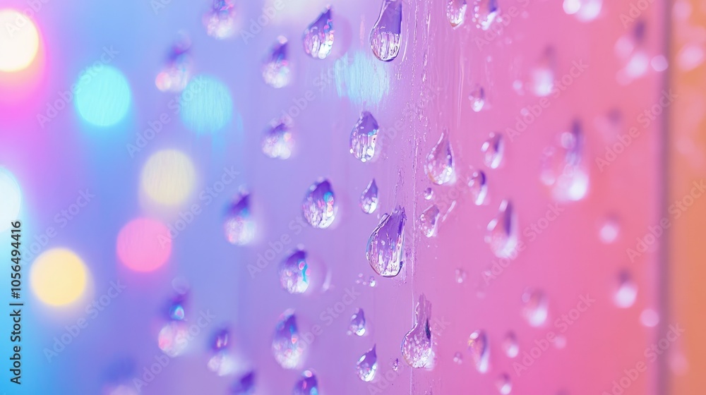 Poster a close-up of water droplets on a windowpane, with colorful bokeh lights in the background creating 