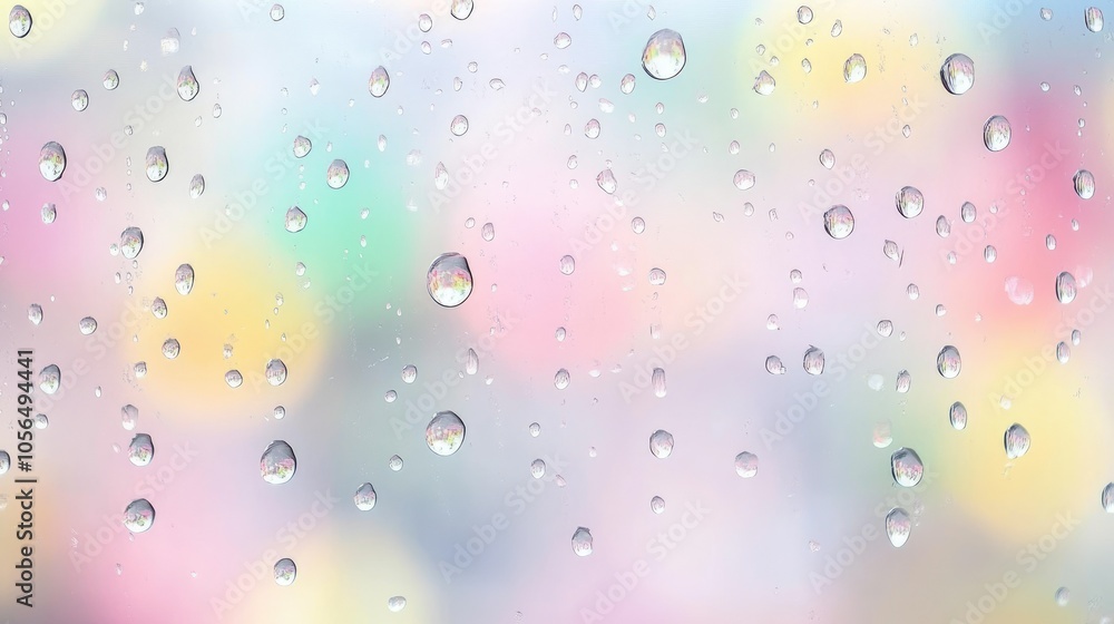Poster a close-up of water droplets on a windowpane, with colorful bokeh lights in the background creating 