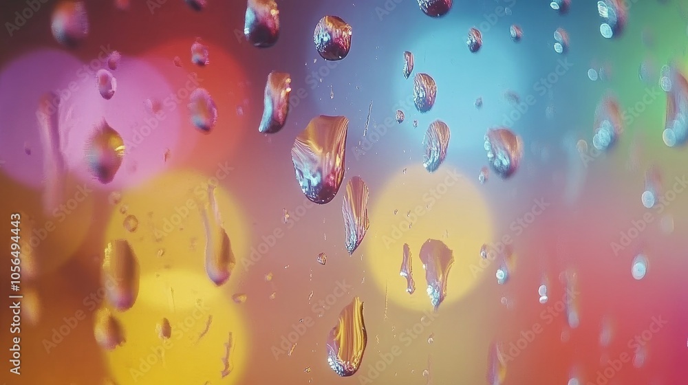 Poster a close-up of water droplets on a windowpane, with colorful bokeh lights in the background creating 