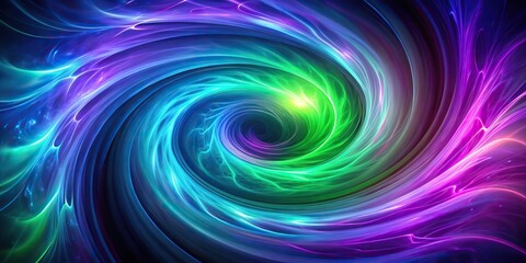 Fototapeta premium Swirling vortex of purple and blue hues with neon green accents, cosmic vibes, 3D effect, mind bending