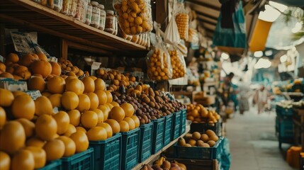 A vibrant market filled with various fruits, showcasing local produce and a lively atmosphere.