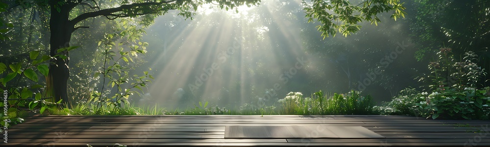 Poster a serene forest scene with sun rays filtering through trees, creating a peaceful atmosphere.