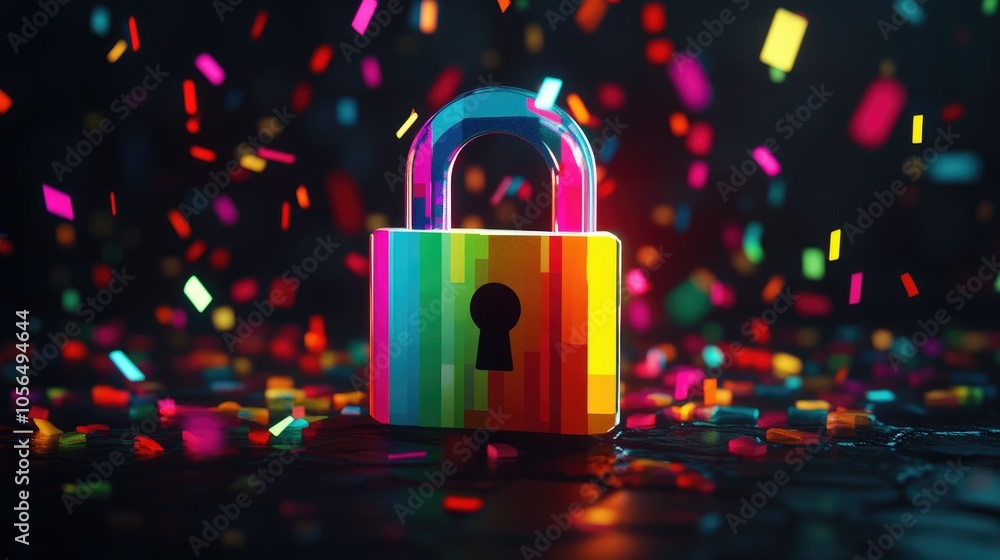 Poster a colorful digital lock shines softly, with dynamic data streams flowing from it, showcasing the vit