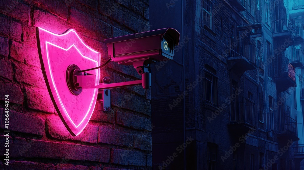 Poster a cutting-edge security camera paired with a glowing shield, illustrating the intersection of techno