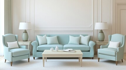 A minimalist living room with cream walls, a sky blue fabric sofa, and mint green accent chairs