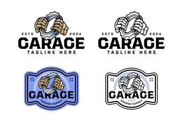 hand skull holding gear ring engine colorful logo design set for garage, motorcycle club bone hand holding gear, jagged, serrated illustration outline badge logo template for racing sport