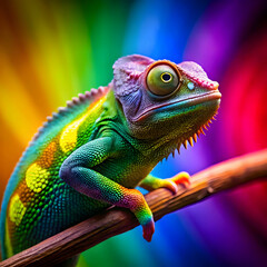 Obraz premium a-chameleon-trying-to-match-its-color-to-a-neon-ra