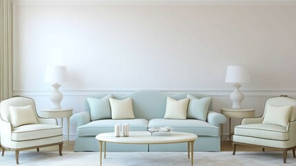 A minimalist living room with cream walls, a sky blue fabric sofa, and mint green accent chairs