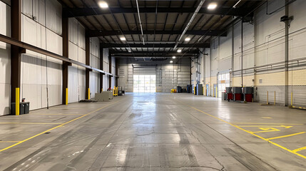 An expansive, empty warehouse with high ceilings, a large loading dock, and marked floors, ideal for storage, logistics, or industrial use
