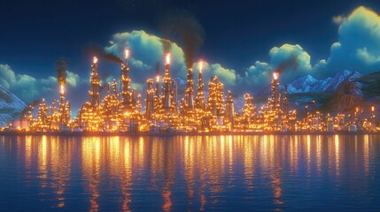 Fototapeta premium A dazzling industrial scene at dusk, with the oil refinery's lights reflecting off a calm seascape, creating a striking contrast.