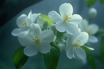 Fototapeta premium A close-up of delicate white flowers with green leaves against a soft, blurred background.