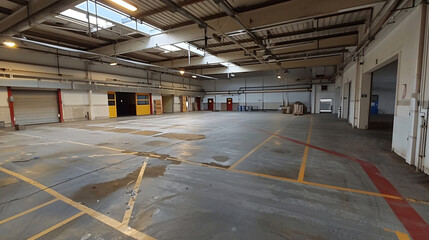 Spacious, vacant industrial warehouse featuring loading docks, high ceilings, and marked floors, ready for storage or distribution activities