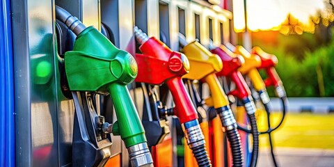 A close-up shot of fuel nozzles at a Bangkok service station, enhanced with a bokeh effect, showcases the gas pump dashboard for gasohol and diesel fueling.