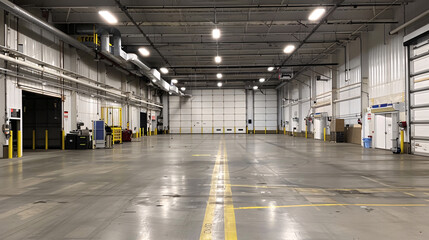 A spacious, empty warehouse with high ceilings, concrete floors, and multiple loading bays, ideal for storage, logistics, and distribution operations