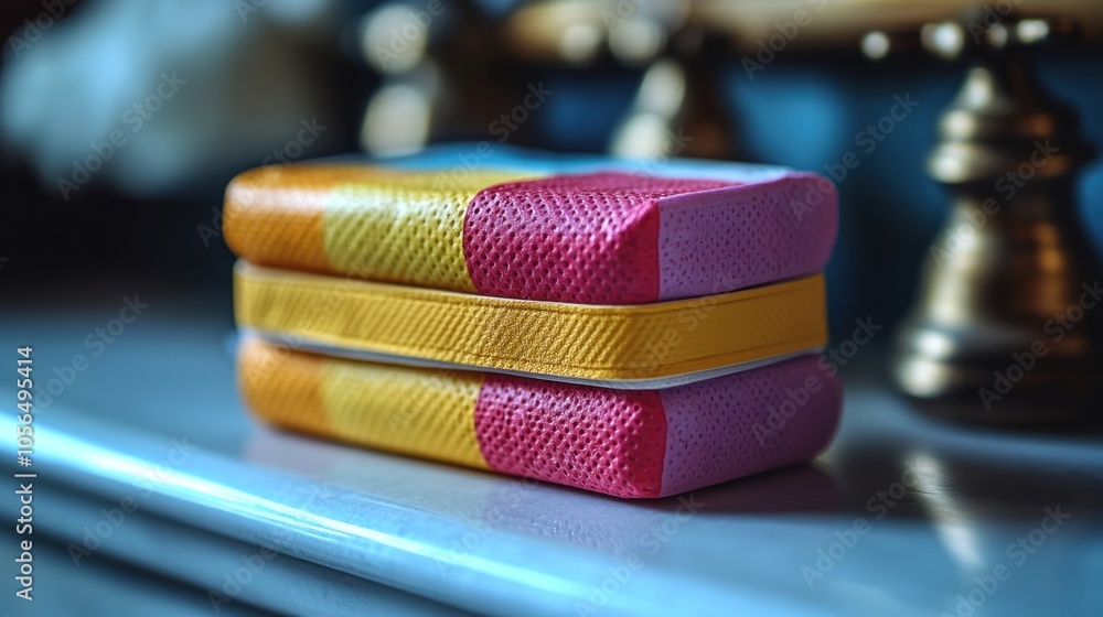Poster Two colorful, stacked rectangular objects on a surface.