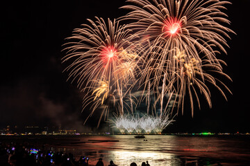 Real Fireworks at Pattaya bay, Pattaya national Fireworks Festival contest, November of every Year,...