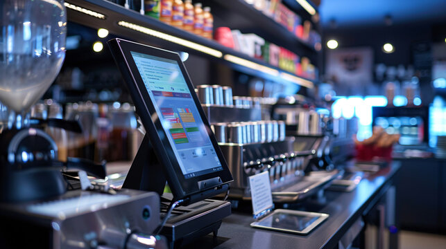 Close-up of a digital point of sale system in a trendy coffee shop, with coffee equipment and shelves in the background