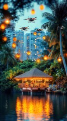 Obraz premium Serene evening scene with gazebo, drones, and glowing lanterns over water