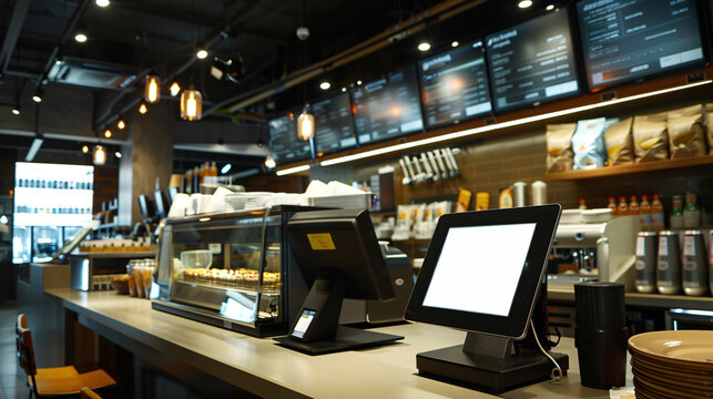 Contemporary coffee shop counter setup featuring digital point of sale system, illuminated menu boards, and a variety of coffee supplies and pastries