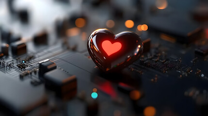 A heart is placed on a circuit board, surrounded by electronic components