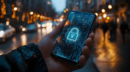 A person is holding a cell phone with a lock icon on the screen