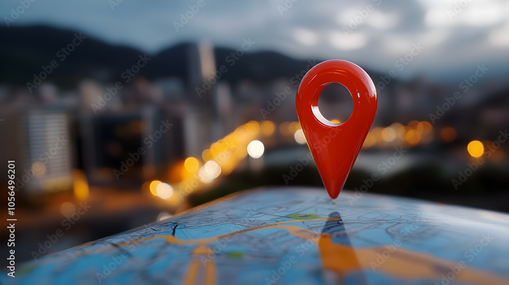 Poster A red dot on a map that is pointing to a location
