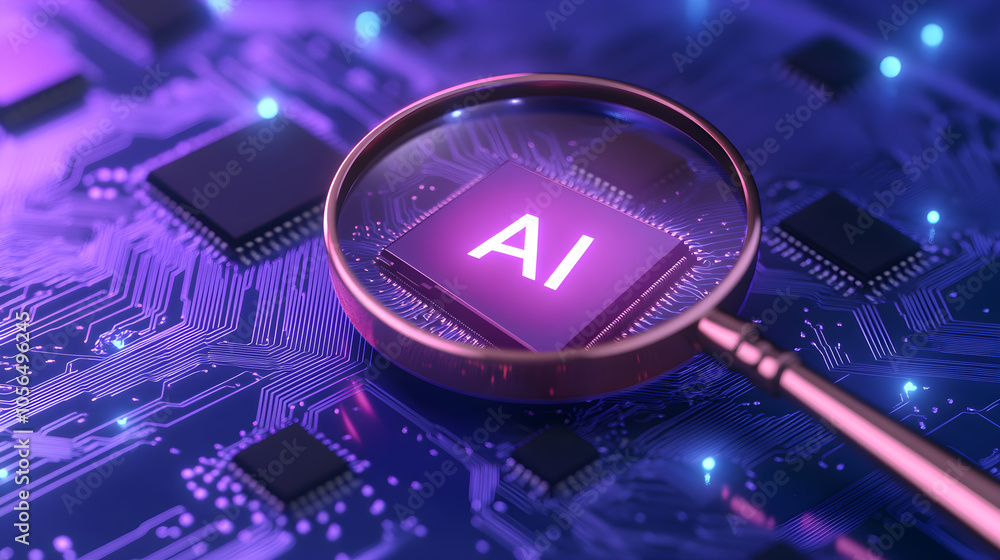 Poster a computer chip with the word ai on it is magnified
