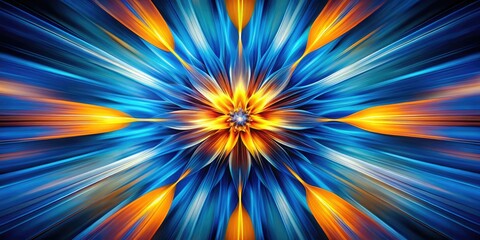 Obraz premium A dynamic abstract piece with a blue focal point and radiant orange and yellow accents, perfect for modern interiors and stimulating creative atmospheres.