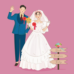 Fototapeta premium Beautiful Cartoon Chibi Wedding Couple: Bride in White Dress, Groom in Blue Suit 