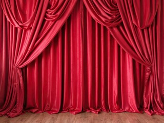 Fototapeta premium Vibrant red curtain backdrop with elegant folds and luxurious sheen, curtain, backdrop