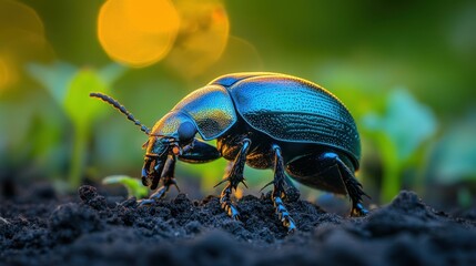 Naklejka premium Close-up of a vibrant beetle on rich soil with green plants at dusk