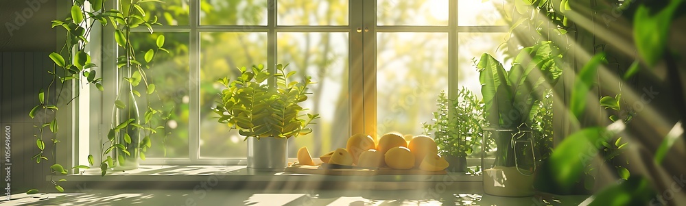 Poster a sunlit window nook adorned with lush green plants, creating a serene and calming atmosphere filled