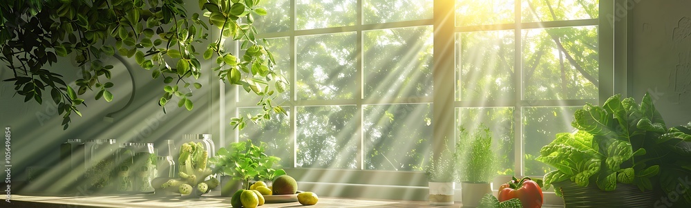 Poster a serene indoor scene with sunlight streaming through a window, illuminating plants and vegetables, 