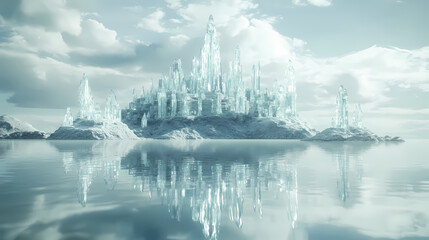 Fototapeta premium Crystal castle with shimmering spires, floating above a lake, reflective waters, long shot, midday brilliance. Floating Crystal Spires. Illustration