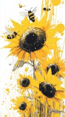 Vibrant sunflowers with bees buzzing in a lively garden scene