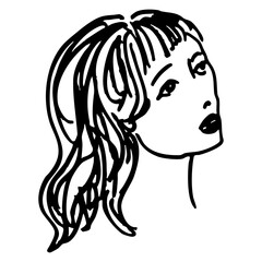 Portrait of a beautiful romantic lady with long loose hair. Female head. Face of a pretty girl. Hand drawn linear doodle rough sketch. Black and white silhouette.