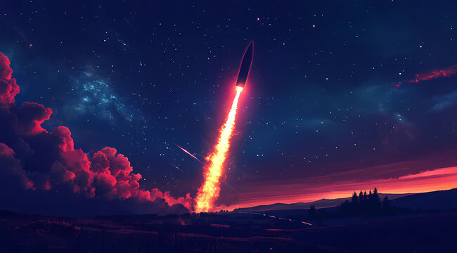 Retrowave Rocket Blasting Off into a Starry Night