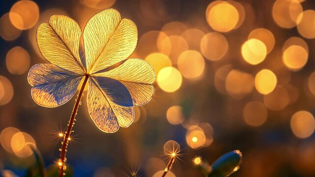 Against a background of golden bokeh lights, a glittering four-leaf clover represents good fortune and wealth.